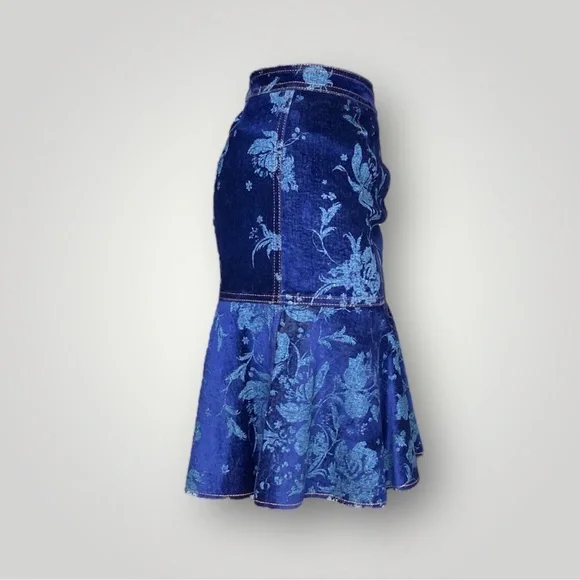 Roberto Cavalli Floral Blue Denim Skirt